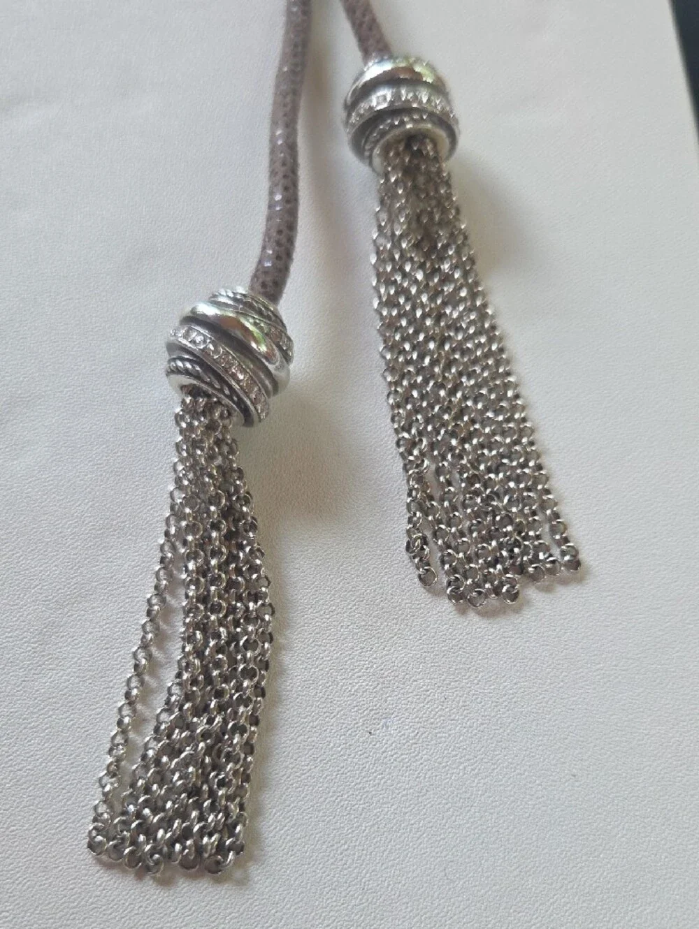 Brighton Taupe Cord Tassel Necklace with Swarovski Crystals